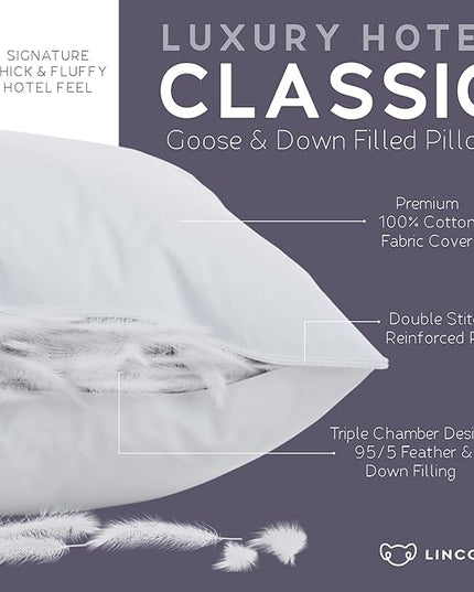 Lincove Down and Feather Luxury Hotel Collection Bed Pillows for Sleeping Made in The USA - 100% Cotton Shell, 600 Thread Count - Soft Hypoallergenic (Standard Size, Pack of 2)