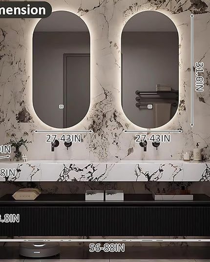 88IN Floating Bathroom Vanity - Bathroom Vanities with Sink, 3 Drawer & Includes LED Smart Mirror | 2 Layer Design, Black Vertical Stripe Bathroom Cabinets