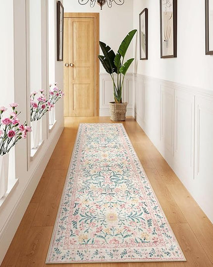 Wonnitar Floral Washable Runner Rug, 2'6"x8' Runners for Hallways Pink Rugs for Entryway Bedroom, Boho Non Slip Soft 8ft Long Carpet for Kitchen Bathroom Laundry