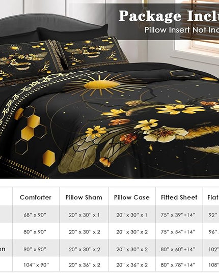 Comforter Set Twin Size, Bee Yellow Sweet 5 Pcs Bedding for Kids and Adults, Vintage Sunflower Black Bed Sheet Sets with Fitted Sheet Pillowcase & Sham for Bedroom Bed Decor