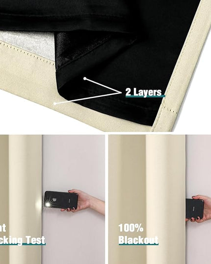 ChrisDowa 100% Blackout Curtains 90 inch Long for Bedroom with Black Liner, 2 Thick Layers Total Blackout Thermal Insulated Grommet Window Curtains 2 Panels Set (Light Beige, 52 x 90 Inch)