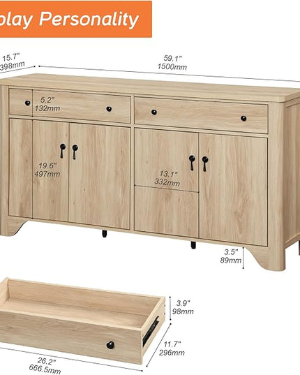 WAMPAT Buffet Cabinet with 4 Doors and 2 Drawers, 59" W Farmhouse Sideboard Cabinet with Storage, Wood Kitchen Storage Cabinets Coffee Bar Table for Dining Room & Living Room, Oak