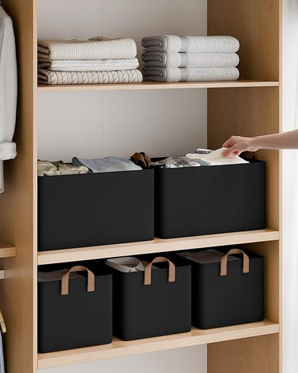StorageWorks Storage Bins, Fabric Storage Bins for Shelves, Large Storage Baskets with Metal Frame, Closet Baskets and Bins with Handles, Black, 2-Pack