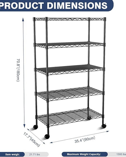 5-Tier Heavy Duty Wire Shelving Unit,35" Wx18 Dx71 H,Wire Shelf Racks with Wheels,Height Adjustable Storage Metal Shelves for Kitchen,Garage,Office,Living Room,Pantry,Black