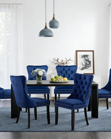 SoarFlash Velvet Dining Chairs Set of 6, Tall Back Side Chair, Modern Upholstered High-end Tufted Side Chair with Button Back Ring, Solid Wood Legs (Blue)