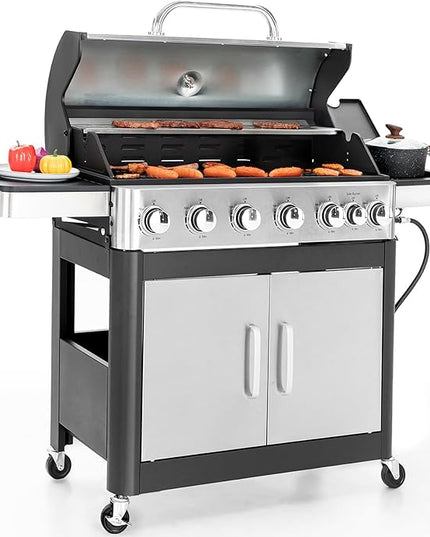 Sophia & William 6-Burner Propane Gas BBQ Grill with Side Burner & Porcelain-Enameled Cast Iron Grates, Stainless Steel Barbecue Grills Outdoor Cooking for Outside, 665 SQ.IN. Cooking Area, 65,800BTU