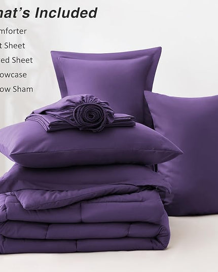 Love's cabin Twin Comforter Set Dark Purple, 5 Pieces Twin Bed in a Bag, All Season Bedding Sets with 1 Comforter, 1 Flat Sheet, 1 Fitted Sheet, 1 Pillowcase and 1 Pillow Sham