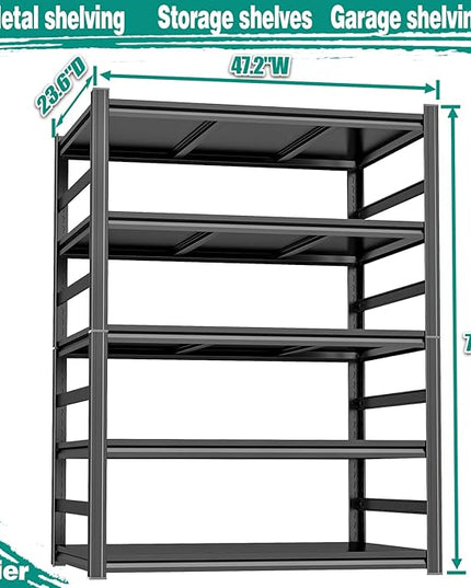 47" W Garage Shelving 3500LBS 5 Tier Storage Shelves Adjustable Heavy Duty Metal Shelving Unit Utility Steel Shelf for Shop Warehouse Industrial Pantry Basement 73" Hx47 Wx24 D,Black