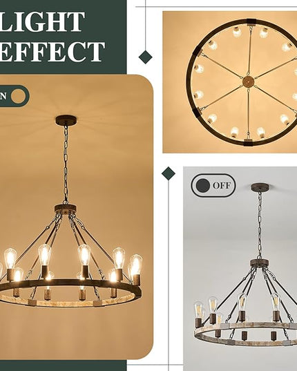 Farmhouse Wagon Wheel Chandelier 31" Wooden Chandelier Light Fixture 12-Light Rustic Chandeliers for Dining Room Living Room Entryway Foyer