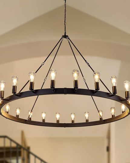 TOCHIC 60 Inch Large Black Chandelier, Modern Farmhouse Wagon Wheel Chandeliers 22-Light Industrial Round Chandelier Light Fixture for High Ceiling Dining Living Room Bedroom, Hallway, Entryway, Foyer