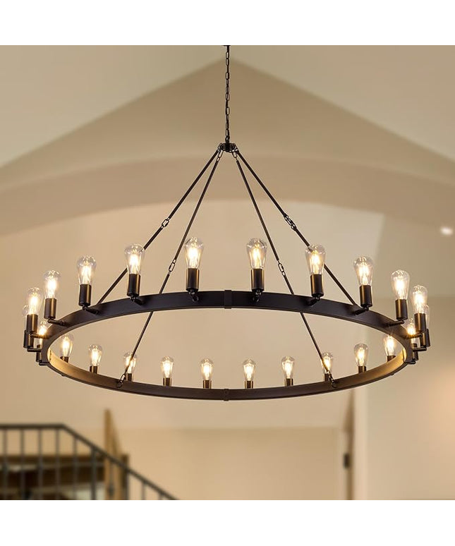 TOCHIC 60 Inch Large Black Chandelier, Modern Farmhouse Wagon Wheel Chandeliers 22-Light Industrial Round Chandelier Light Fixture for High Ceiling Dining Living Room Bedroom, Hallway, Entryway, Foyer