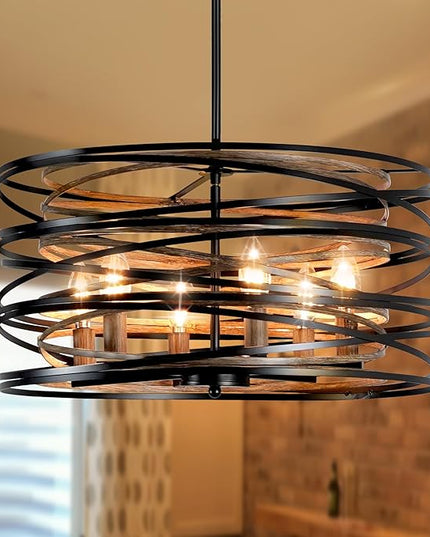 Farmhouse Chandeliers for Dining Room, 5-Light Spiral Drum Large Pendant Lights Rustic Black Chandelier 19.7" Wood Grain Dining Room Light Fixture Metal Chandelier for Foyer Entryway Kitchen Bedroom