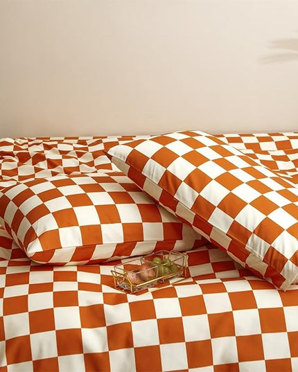 Houseri Burnt Orange Plaid Comforter Set White and Bedding Sets Twin Rust Grid Buffalo Checkered Kids Terracotta Gingham Size, Twin(68''*90''-Comforter)
