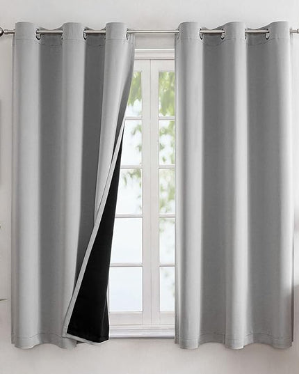 ChrisDowa 100% Blackout Curtains 63 inch Long for Bedroom with Black Liner, 2 Thick Layers Total Blackout Thermal Insulated Grommet Window Curtains 2 Panels Set (Light Grey, 38 x 63 Inch)