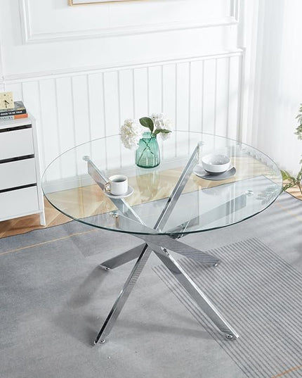 HomVent Round Glass Dining Table Set for 4, 5-Piece Modern Kitchen Table Set with 4 PU Upholstered Chair for Kitchen Dining Room, Glass Dining Room Table Set