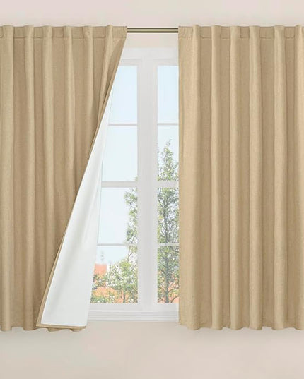 LAMIT Natural Linen Full Blackout Window Curtains for Bedroom, 54 Inches Thermal Farmhouse Curtains Back Tab and Rod Pocket Privacy Protected Burlap Panels with White Liner, 2 Panels, 52 x 54 Inch