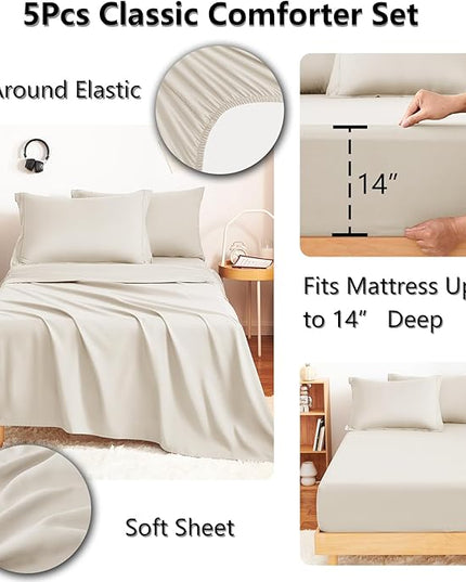 CozyLux Twin XL Comforter Set Beige - 5 Pieces Twin Extra Long Bed in a Bag for College Dorm, All Season Bedding Set for Girls and Boys, Soft Bed Set with Comforter, Sheets, Pillowcase & Sham