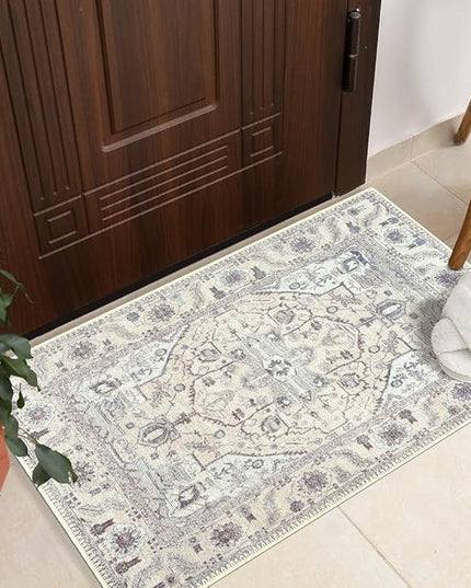 GLN Rugs Bohemian Collection - Machine Washable Area Rug, Bohemian Vintage, Non Slip, Low Pile Chenille Rug, Living Room, Bedroom, Bathroom Rug (2'x3' Beige and Gray)