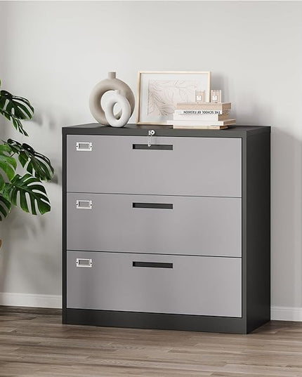 Letaya File Cabinet with Lock-Lateral 3 Drawer Metal Filing Cabinets-Organization Storage for Home Office-Hanging Letter/Legal/F4/A4 Size (Grey Black)