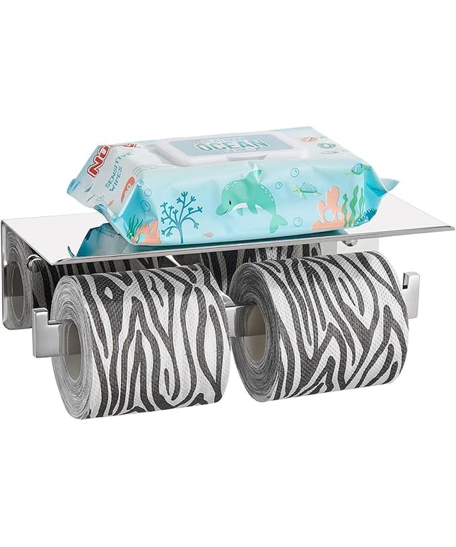 Suyar Double Toilet Paper Holder, SUS 304 Stainless Steel Bathroom Toilet Paper Roll Holder with Shelf, Polished Chrome