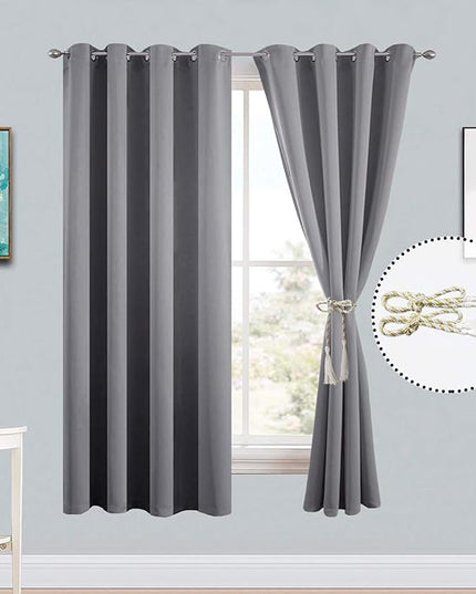 Yakamok Room Darkening Curtains Thermal Insulated Gray Blackout Curtain Panels Solid Grommet Top Window Drapes for Bedroom, 2 Tie Backs Included(52x72 Inch, Grey, 2 Panels)