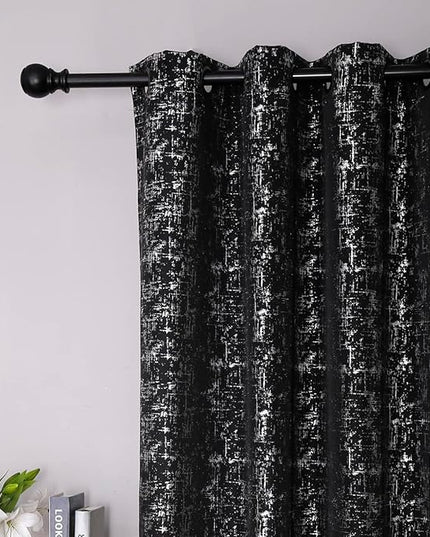 Taisier Home Black & Silver Glittering Geometric Dots Curtains 108" - Room Darkening Privacy Drapes, Set of 2 Silver Foil Print Linen Panels with Sparkling Accents for Bedroom Living Room Decor
