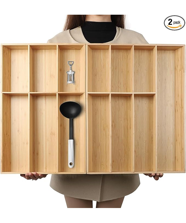 V-Shaped Extra Large Bamboo Drawer Organizer Set of 2, Kitchen Cutlery Tray Utensil Plate, Flatware&Silverware Storage Box, Wood Organizer for Bedroom, Living Room (19.6"x14.6" & 19.6"x12.4")