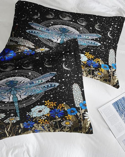 Comforter Set King Size, Dragonfly Flower Plant Bedding for Kids and Adults, Sun Moon Vintage Black Gold Bed Sheet Sets with Fitted Sheet 2 Pillowcases & 2 Shams for Bedroom Bed Decor