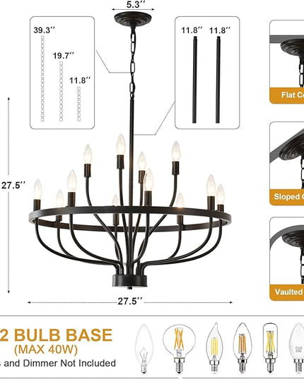 28 Inch Black Chandeliers for Dining Room 12 Light Black Dining Room Light Fixture, Large Industrial Farmhouse Chandelier Rustic Candle Chandeliers for Hallway, Entryway,Office,Bar
