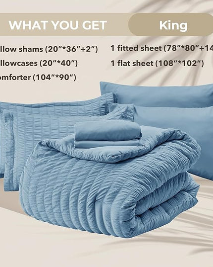 HYMOKEGE Mineral Blue King Size Comforter Set Seersucker 7 Pieces, All Season Luxury Bed in a Bag for Bedroom, Bedding Set with Comforter, Sheets, Pillowcases & Shams