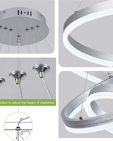 3-Rings D23.6 Modern LED Chandelier Silver Dimmable Pendant Lighting with Remote Control Circular Flush Mount High Ceiling Light for Dining Room Living Room Bedroom Entrance Foyer, 3000K-6500K
