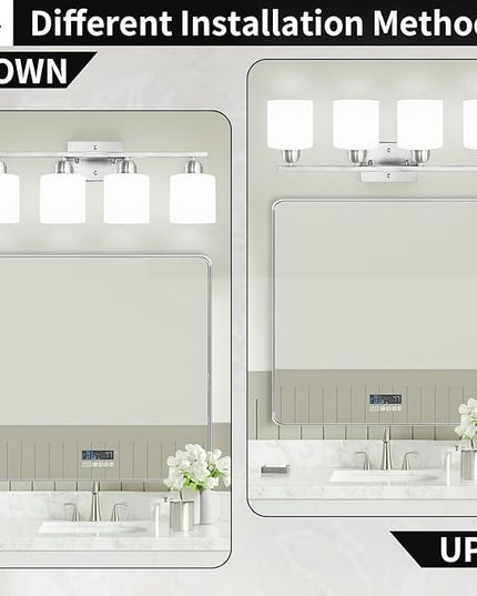 4 Light Bathroom Light Fixtures, Brushed Nickel Vanity Lights for Bathroom with Milky White Frosted Glass Shade, Wall Lights for Mirror Bedroom Living Room E26 Base