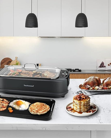 Indoor Grill, Techwood 1500W Smokeless Electric Grill with 2 in1 Nonstick Grill/Griddle Plates, Portable Korean BBQ Grill with 6-Level Control, Glass Lid, Dishwasher Safe, Double Plates, Gray