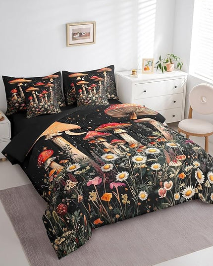 Feelyou Gothic Nature Kids Comforter Set 7pcs, Boho Butterfly Moth Flower Bed Set Queen for Boys Girl, Boho Moon Bedding with 1 Comforter,1 Fitted Sheet,1 Flat Sheet,2 Pillowcases,2 Throw Pillow Cover