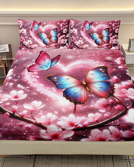 AILONEN Butterfly Butterfly Fitted Sheet Set for Girls,Pink Cherry Blossoms Butterflies Bedding Set Gifts Twin XL Size,Romantic Moments Bed Sheet Set for Cat Lovers,1 Sheet Set + 2 Pillowcase
