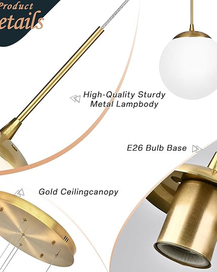 KoKo&Yukina 5-Light Globe Glass Pendant Light Adjustable Length Pendant Lights Fixtures Modern Gold Chandelier with Milky White Glass Ceiling Lights for Foyer Hallway Bedroom (Bulb & Remote Incl.)