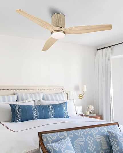 52" Ceiling Fan with Light - Low Profile Flush Mount Ceiling Fan, 6-Speed Remote Control, Solid Wood, Quiet Reversible DC Motor, Boho Style, for Bedroom, Living Room, Porch, Light Oak/Gold