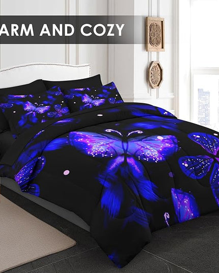 Comforter Set Twin Size, Purple Blue Galaxy 5 Pcs Bedding for Kids and Adults, Butterfly Flower Summer Bed Sheet Sets with Fitted Sheet Pillowcase & Sham for Bedroom Bed Decor