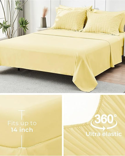 HYMOKEGE Yellow King Size Comforter Set Seersucker 7 Pieces, All Season Luxury Bed in a Bag for Bedroom, Bedding Set with Comforter, Sheets, Pillowcases & Shams