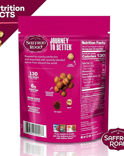 Saffron Road Roasted Korean BBQ Crunchy Chickpeas | High-Protein, Vegan, Gluten-Free, Non-GMO, Halal & Kosher Certified Snack | 5.4 oz Resealable Pouch | Pack of 6