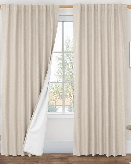 LAMIT 100% Blackout Linen Curtains 95 Inches Long, Living Room Farmhouse Drapes Full Room Darkening Back Tab and Rod Pocket Panels with White Liner, 2 Panels, Oatmeal, 60 x 95 Inch