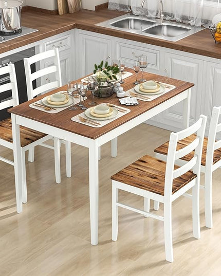 Tangkula Dining Table Set for 4, Solid Wood, Farmhouse Dinette Set w/Rubber Wood Legs, Mid-Century Modern, Compact Dining Table and Chairs Set for Kitchen, Dining Room (Brown+White)
