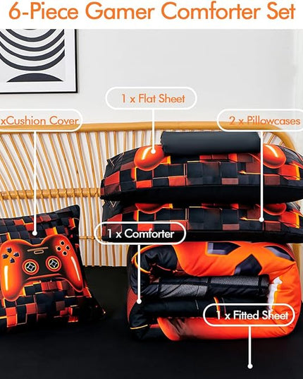 PERFEMET Full Bedding Sets for Boys 6 Pcs Orange Game Kids Bed in A Bag with Sheet Set Lightweight Soft 3D Cool Gaming Bed Set for Teens Bedroom(Orange, Full)