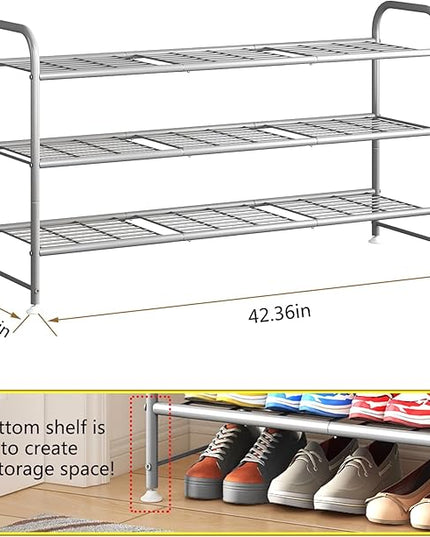 LINZINAR Shoe Rack 3 Tier Long Metal Shoe Organizer for Closet Entryway Grey