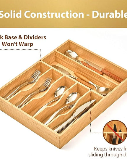 Umilife Kitchen Drawer Organizer, 12.5 Inch Silverware Utensil Tray Holder, Extra Deep, with Non-Slip Feet & Grooved Drawer Divider, 7 Slots Total Bamboo Wood Caddy for Flatware Cutlery Knives