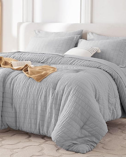 MUXHOMO 7 Pieces California King Comforter Set, Seersucker Bed in a Bag Cal King Size, All Season Luxury Bedding Set with Comforter, Flat Sheet, Fitted Sheet, Pillowcases & Shams, Light Grey