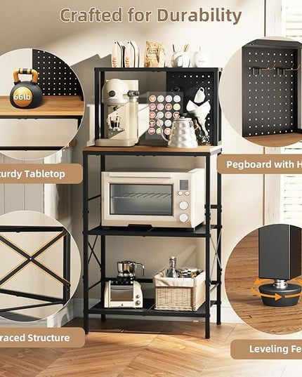 Kitchen Bakers Rack with Pegboard, 4-Tiers Coffee Bar Table, Heavy-Duty Metal Microwave Stand, Adjustable Storage Shelf Rack for Living Room, Garage, Office
