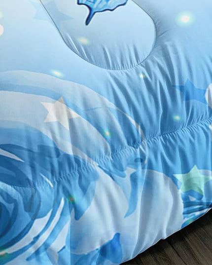 Cartoon Axolotl Bedding Comforter Set Full Size,Cute Ocean Animal Comforter Set for Kids Girls Room Decor,Blue Comforter Set Butterfly Flowers Bedding with 2 Pillowcases.
