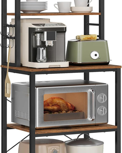 VASAGLE Coffee Bar, 23.6 Inches Baker's Rack for Kitchen with Storage, 6-Tier Kitchen Shelves with 6 Hooks, Microwave Stand, Industrial, Rustic Brown and Ink Black UKKS024B01