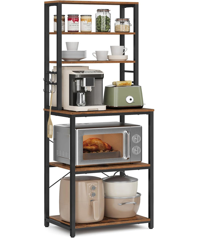 VASAGLE Coffee Bar, 23.6 Inches Baker's Rack for Kitchen with Storage, 6-Tier Kitchen Shelves with 6 Hooks, Microwave Stand, Industrial, Rustic Brown and Ink Black UKKS024B01
